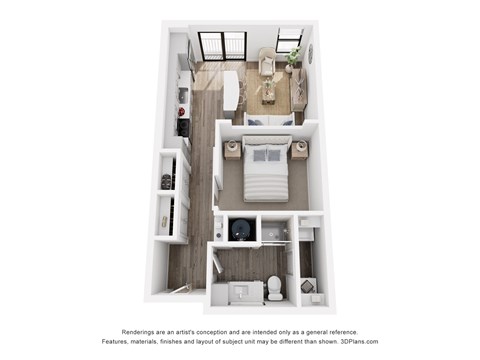 Rendering of the Pike's Peak studio apartment with one bathroom apartment at Velo Interlocken in Broomfield, CO